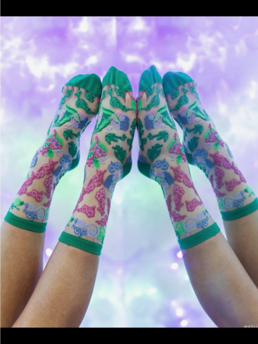 Wicked For Good Floral Sheer Floral Crew Socks in Green